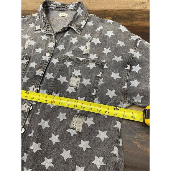 POL Denim Jacket Distressed Oversized Loose Fit Gray White Stars Y2K Size L - Picture 7 of 8